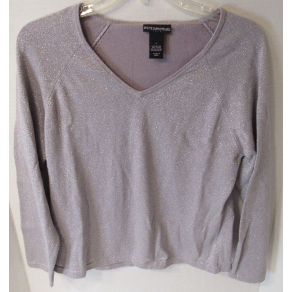 VTG Petite Sophisticate LS Shirt Silver Shimmer Y2K Party Size Large V-Neck